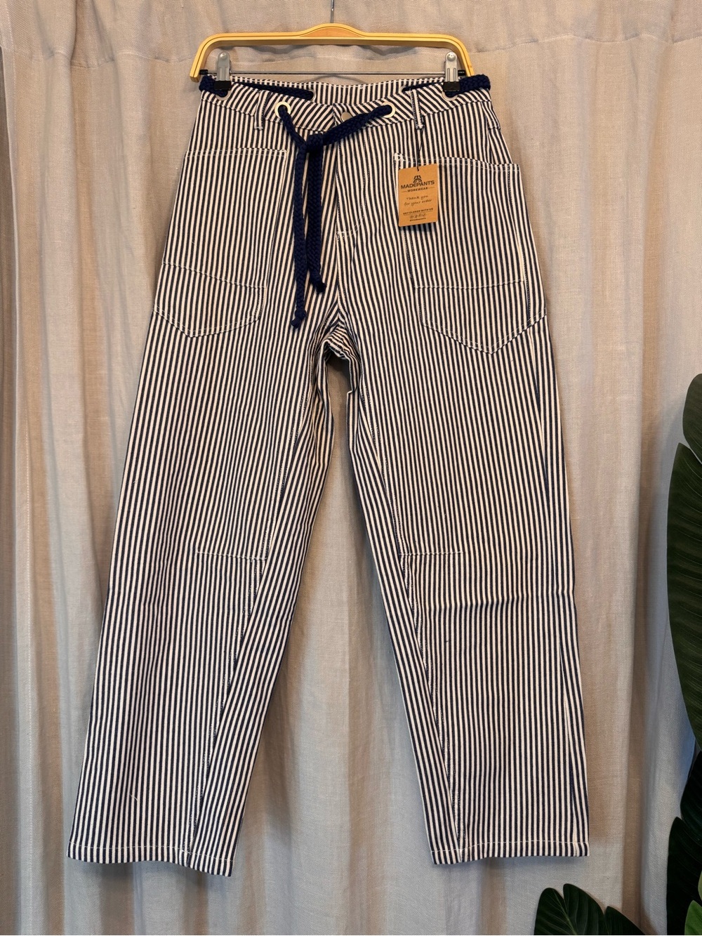 MADEPANTS NWT Blue & White Stripe 100% Cotton Wide Leg Utility Pants Small